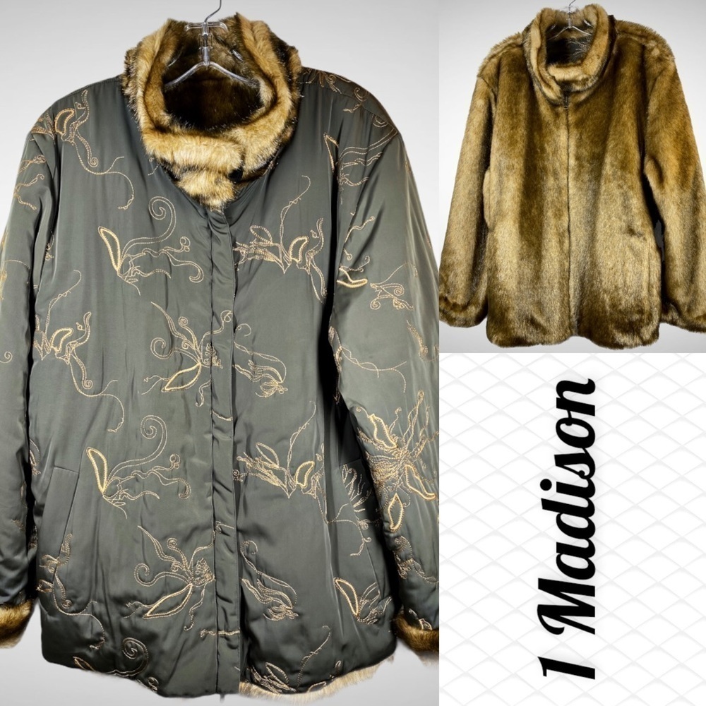 1 Madison Reversible Faux Fur Floral Embroidered‎ Coat, Size XL